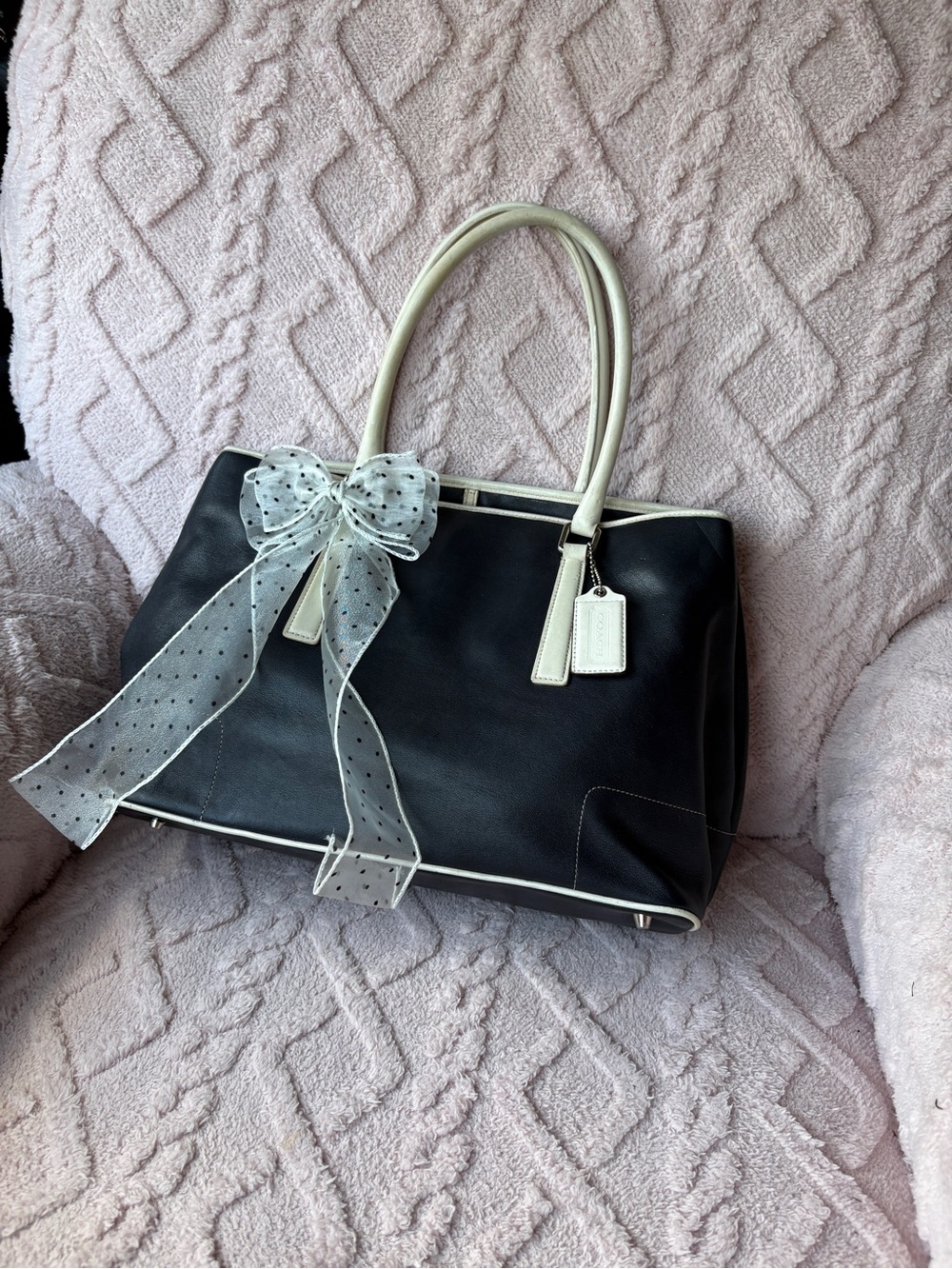 Vintage Coach Classic Black and Cream Women's Tote Handbag